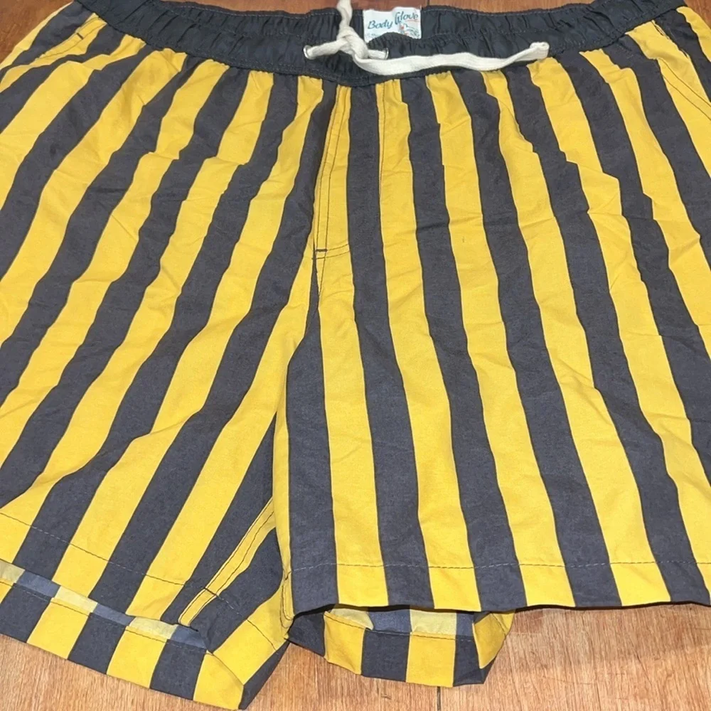 Vintage Inspired Mens Body Glove Charcoal and Yellow Striped Swim Trunks